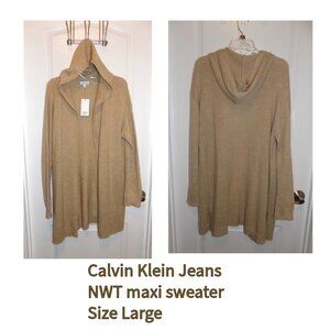 CALVIN KLEIN JEANS Long Maxi Length Hooded Cardigan Sweater Large NWT Camel Tan